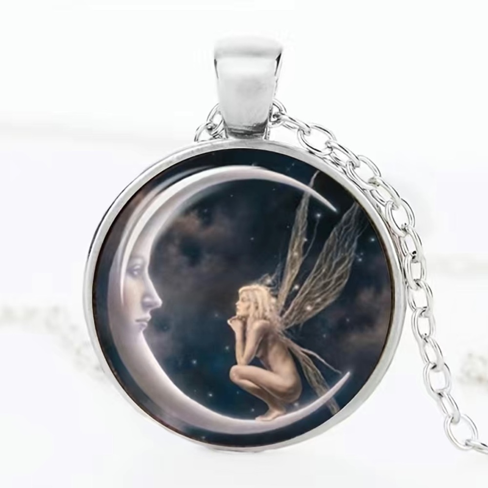 Silvery plated time gem angel glass pendant necklace faux‎ fashion jewelry
